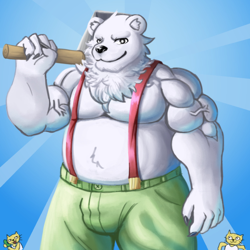 5_fingers anthro axe barazoku belly biceps big_belly biped bottomwear clothed clothing domestic_cat felid feline felis fingers fur haha-yea hi_res holding_axe lumbercat male mammal melee_weapon musclegut muscular muscular_anthro muscular_male nintendo overweight overweight_anthro overweight_male pants pecs polar_bear rhythm_heaven smile solo suspenders topless ursid ursine video_games weapon white_body white_fur woodcutter_bear