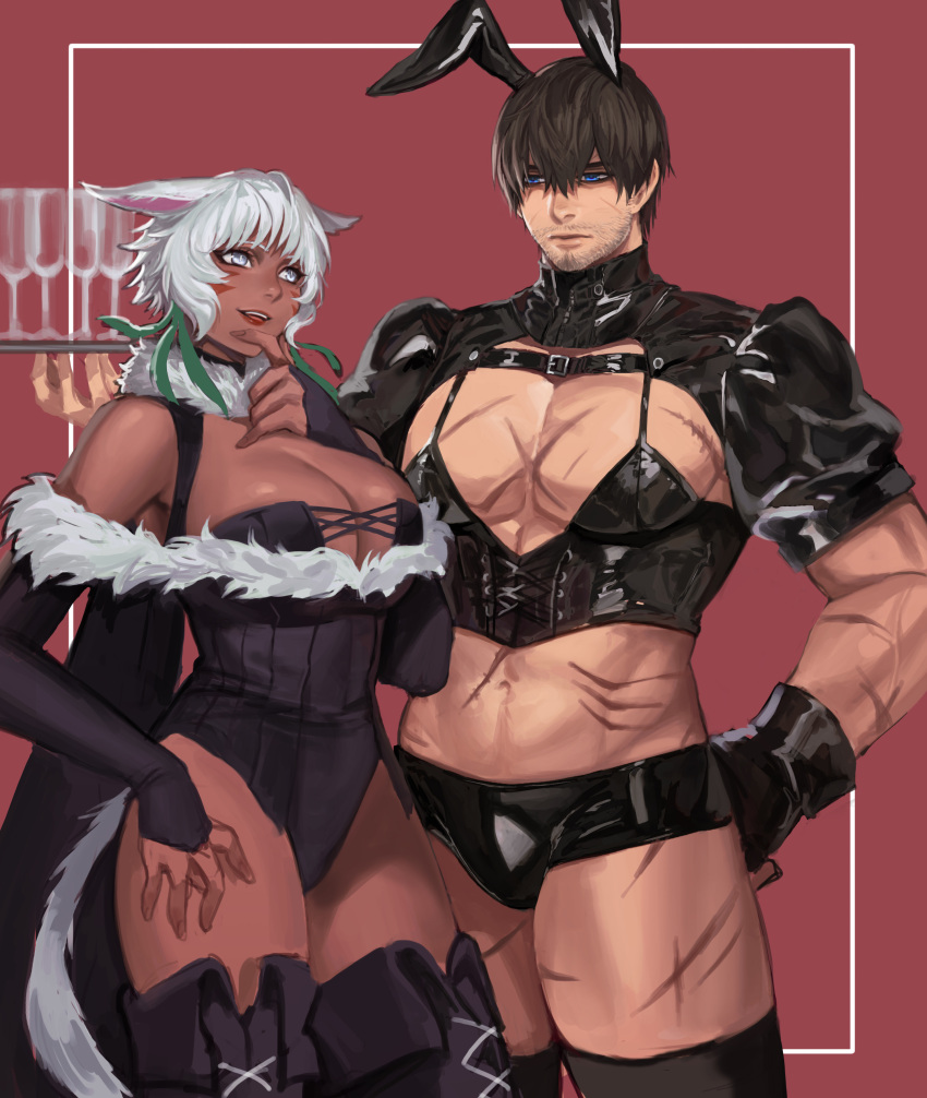 1boy 1girl abs absurdres adventurer_(ff14) alternate_costume bangs bara black_leotard blue_eyes boots brown_hair bulge character_request check_character chest_belt cross_scar crossdressing cup dark-skinned_female dark_skin drinking_glass ears_down expressionless facial_hair feet_out_of_frame final_fantasy final_fantasy_xiv finger_to_own_chin highres holding holding_tray large_pectorals latex latex_legwear leotard male_playboy_bunny mature_male muscular muscular_male navel navel_hair nipples on_(isk1812) pectorals scar scar_on_arm scar_on_chest scar_on_leg scar_on_stomach short_hair short_shorts shorts shrug_(clothing) sideburns standing stomach stubble thick_thighs thigh_boots thighhighs thighs tray warrior_of_light wine_glass