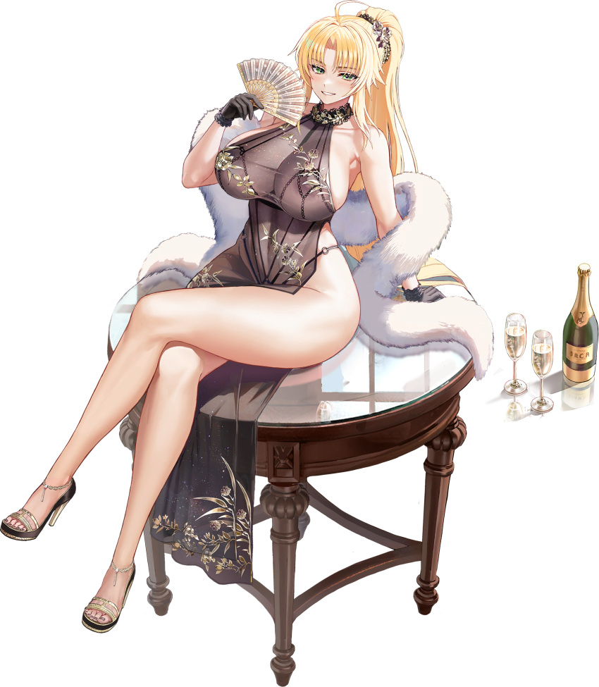 1girl ahoge arm_support barbariana_(last_origin) black_gloves blonde_hair bottle breasts cup dress drinking_glass feather_boa folding_fan gloves green_eyes halter_dress halterneck hand_fan hand_up high_heels highleg highleg_panties highres holding holding_fan last_origin long_hair looking_at_viewer official_alternate_costume official_art on_table panties parted_lips ponytail see-through see-through_dress side_slit sideboob simple_background sitting smile solo table taesi toeless_footwear transparent_background underwear wine_bottle wine_glass wooden_table