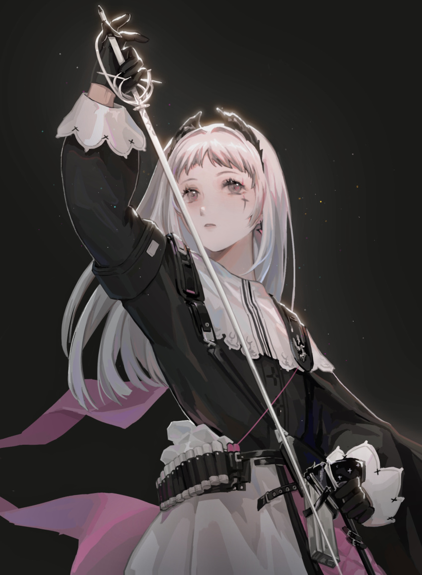 1girl absurdres ammunition_belt arknights black_background black_dress black_gloves color_banding dress earrings gloves grey_eyes grey_hair gun hand_up handgun head_wings highres holding holding_sword holding_weapon holstered_weapon ichuii irene_(arknights) jewelry long_hair long_sleeves looking_at_viewer multicolored_clothes multicolored_dress parted_lips pink_dress rapier scar scar_across_eye sheath simple_background solo sword unsheathing upper_body weapon white_dress
