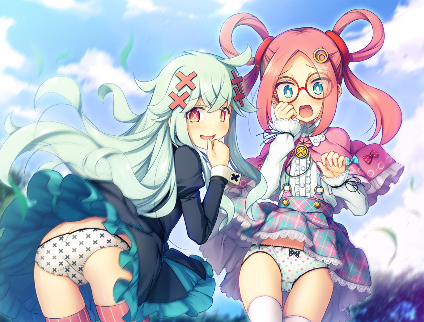 2girls :d :o ass bangs blue_eyes blue_sky blush bow bow_panties cameltoe capelet center_frills chima_q clothes_lift cloud commentary_request commission cross_print day eyebrows_visible_through_hair eyes_visible_through_hair eyewear_visible_through_hair frilled_capelet frills glasses hair_ornament hair_rings hairclip highres juliet_sleeves leaning_forward light_green_hair long_hair long_sleeves looking_at_viewer multiple_girls open_mouth original outdoors panties parted_bangs pink_capelet pink_hair pink_legwear plaid plaid_skirt polka_dot polka_dot_panties print_panties puffy_sleeves red-framed_eyewear red_eyes round_eyewear shirt skeb_commission skirt skirt_lift sky smile striped striped_legwear suspender_skirt suspenders symbol-shaped_pupils thigh_gap thighhighs twintails underwear vertical-striped_legwear vertical_stripes very_long_hair white_legwear white_panties white_shirt wind wind_lift x-shaped_pupils x_hair_ornament
