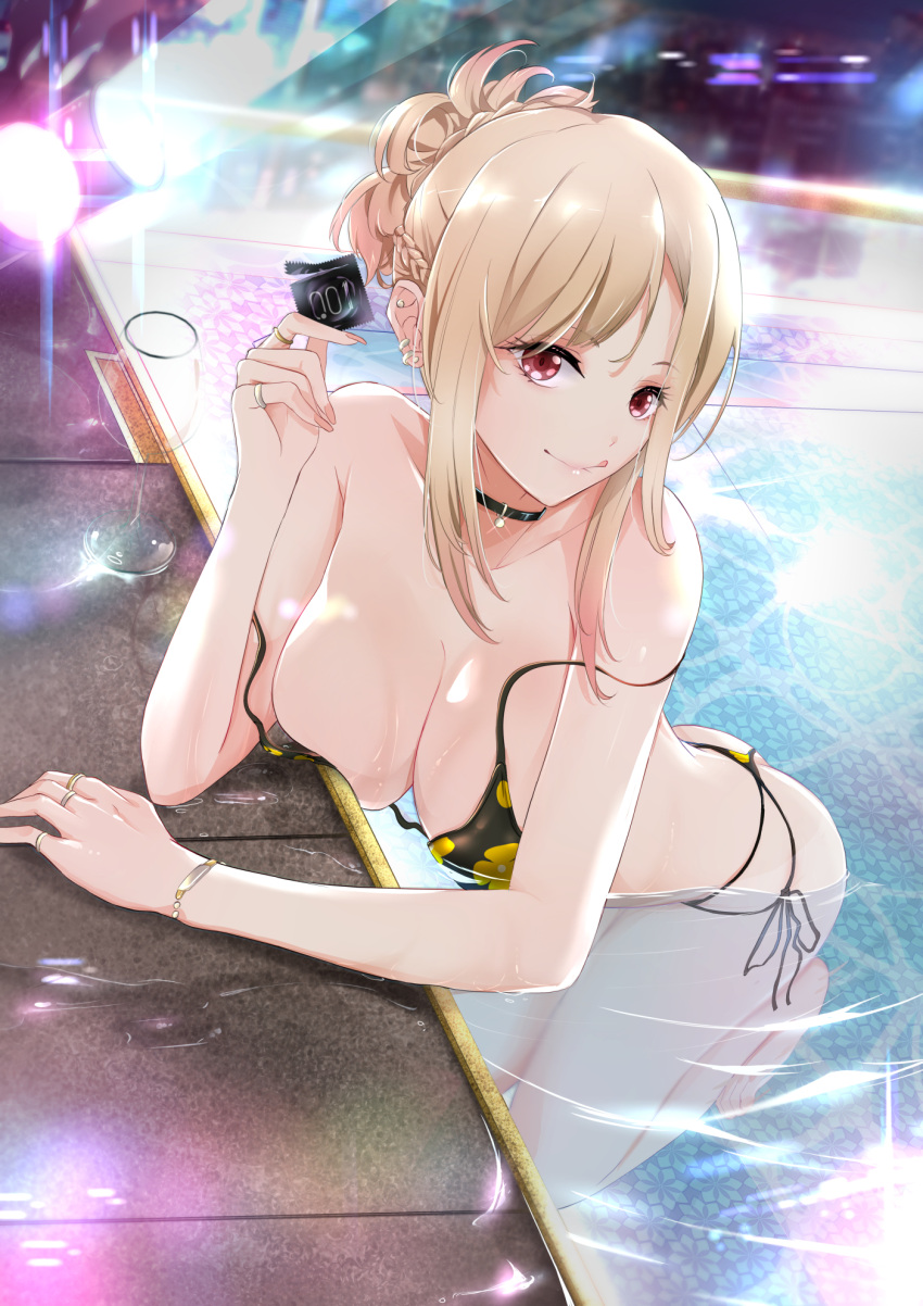 1girl :q alternate_hairstyle arm_rest bikini black_bikini black_choker blonde_hair bracelet braid breasts chark14 choker cleavage closed_mouth collarbone colored_tips condom condom_wrapper cup drinking_glass ear_piercing earrings elbow_rest empty floral_print full_body glint hair_bun heart highres jewelry kitagawa_marin large_breasts leaning_forward lights multicolored_hair multiple_rings partially_submerged piercing pink_nails pool red_eyes ring side-tie_bikini sidelocks smile solo sono_bisque_doll_wa_koi_wo_suru strap_slip swimsuit tongue tongue_out water wet