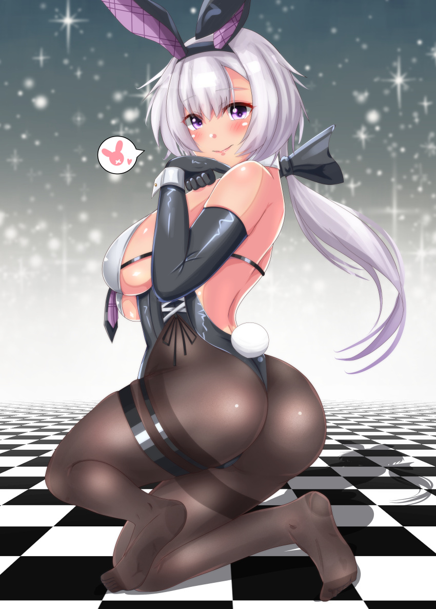 1girl absurdres animal_ears ass azur_lane backless_leotard black_bow black_legwear black_leotard black_necktie bow breasts checkered_floor elbow_gloves fake_animal_ears fake_tail full_body gloves grey_hair hair_bow heart highres igarashi_gozo kneeling large_breasts leotard leotard_under_clothes long_hair mechanical_hands metal_gloves necktie official_alternate_costume pantyhose playboy_bunny purple_eyes rabbit_tail reno_(azur_lane) reno_(reno_bunnino)_(azur_lane) side-tie_leotard sideboob single_elbow_glove single_mechanical_hand solo spoken_heart tail