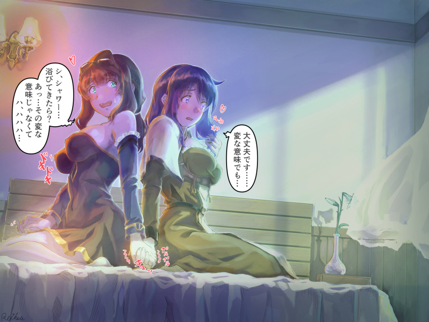 2girls alchemist_(ragnarok_online) back-to-back bangs bed blue_eyes blue_sleeves blush breasts brown_dress brown_hair capelet commentary_request detached_sleeves dress egnigem_cenia frilled_dress frills full_body goggles highres holding_hands indoors lamp large_breasts long_hair looking_to_the_side multiple_girls on_bed open_mouth purple_hair ragnarok_masters ragnarok_online reihou19 short_dress sitting sitting_on_bed smile strapless strapless_dress swordsman_(ragnarok_online) translation_request vase white_capelet yuri