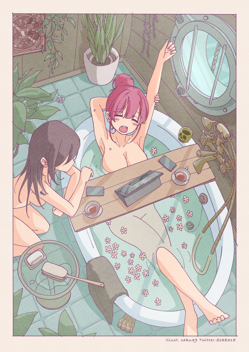 2girls absurdres barefoot bath bathing breasts character_request cup flower highres hololive houshou_marine multiple_girls nude phone pink_flower plant red_hair saku39_(skb318) skull_cup tablet_pc tattoo towel virtual_youtuber window yawning