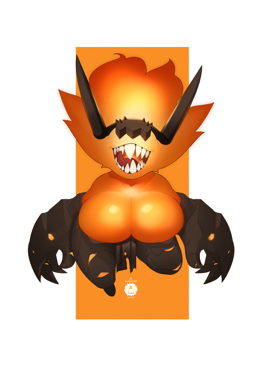 absurd_res big_breasts big_hands breasts clevage clothed clothing elemental_creature female fire fire_creature headgear hi_res horn humanoid jumboji_(artist) kel_(capracreep) laugh licking_teeth looking_at_viewer not_furry open_mouth sharp_teeth short_stack simple_background skimpy smile solo teeth thick_thighs