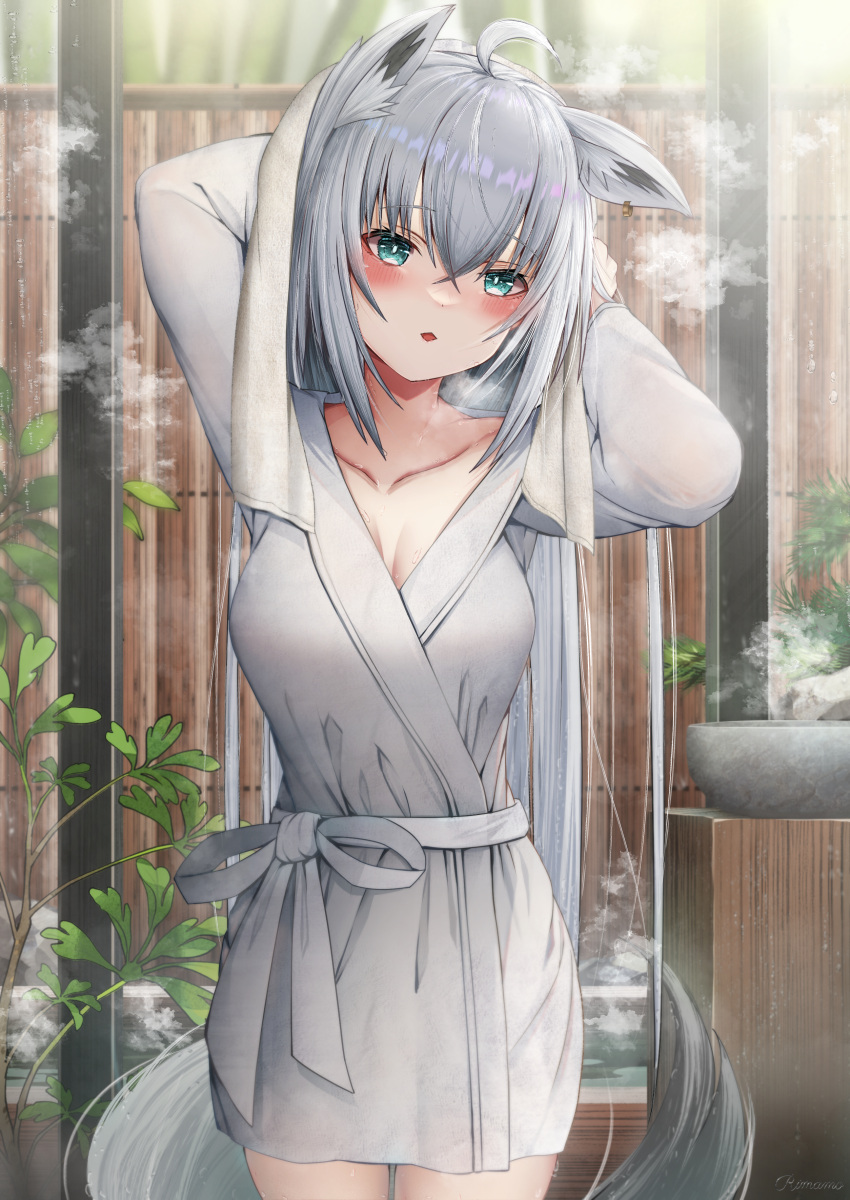 1girl absurdres ahoge animal_ear_fluff animal_ears arms_up bangs bathrobe blush breasts bright_pupils cleavage collarbone cowboy_shot drying drying_hair eyebrows_visible_through_hair fox_ears fox_girl fox_tail green_eyes grey_hair highres hololive large_breasts long_hair long_sleeves looking_at_viewer open_mouth plant rimamo shirakami_fubuki solo steam tail very_long_hair virtual_youtuber