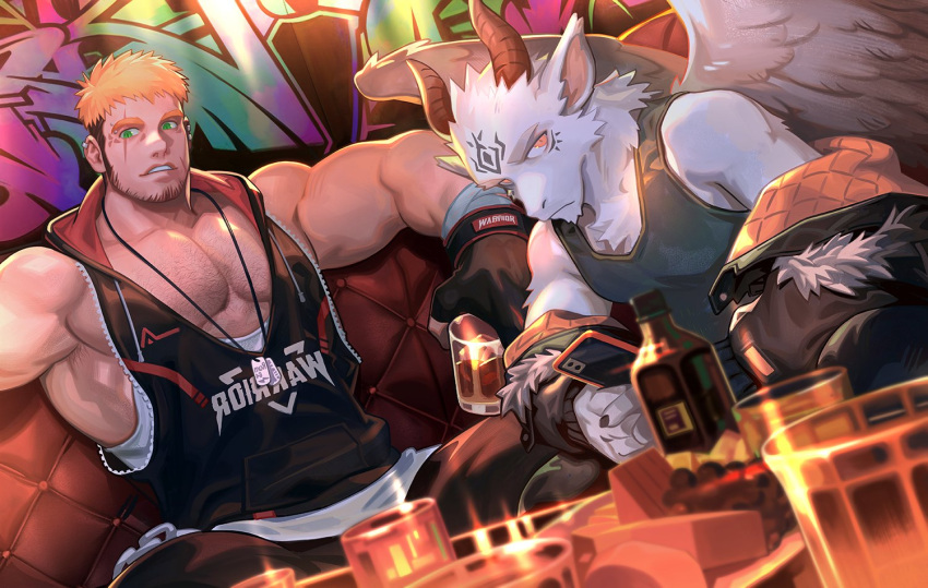 2boys alcohol bara black_hoodie black_jacket black_pants black_tank_top blonde_hair chest_hair closed_mouth commission cup ear_piercing facial_hair facial_mark forehead_mark fur-trimmed_jacket fur_trim furry furry_with_non-furry goat_boy green_eyes gyee holding holding_cup hood hood_down hoodie interspecies jacket jewelry large_pectorals male_focus multiple_boys muscular muscular_male necklace neilos off_shoulder original pants parted_lips pectorals piercing red_eyes romg scar scar_across_eye scar_on_face short_hair sitting sleeveless sleeveless_hoodie tank_top undercut white_tank_top wings