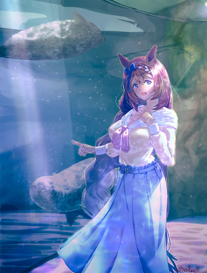 1girl animal_ears aquarium bangs blue_bow blue_eyes blush bow bowtie braid breasts brown_hair cleavage commentary_request eyebrows_visible_through_hair hair_between_eyes hair_bow highres horse_ears horse_girl horse_tail large_breasts long_hair long_skirt looking_at_viewer open_mouth pink_bow pink_bowtie purple_skirt reihou19 seal_(animal) shirt signature skirt smile solo super_creek_(umamusume) tail umamusume very_long_hair yellow_shirt