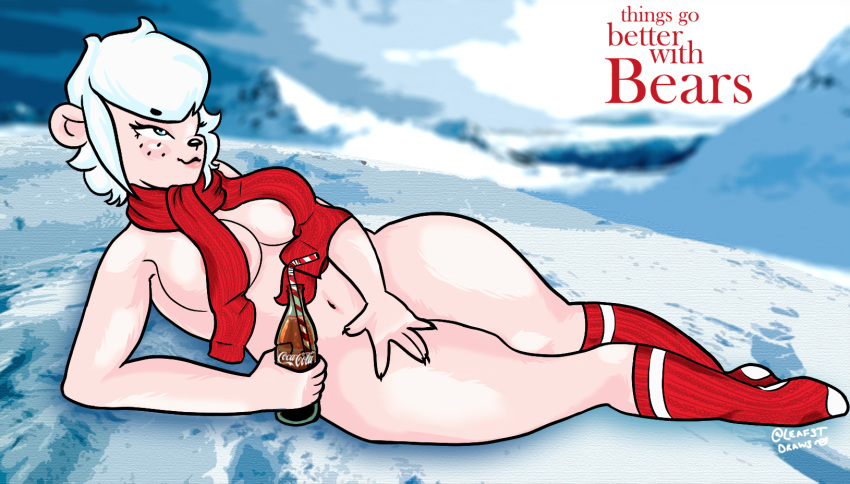 2022 advertisement anthro arm_support beverage blue_eyes blush casual_nudity clothed clothing coca-cola coke covering covering_self curvaceous curvy_figure female fur hair hi_res knee_highs leafst leaning_on_elbow legwear looking_away lying mammal on_side outside partially_clothed pink_body pink_fur pinup polar_bear pose red_clothing scarf short_hair smile smirk solo solo_focus straw teasing ursid ursine voluptuous white_hair wide_hips