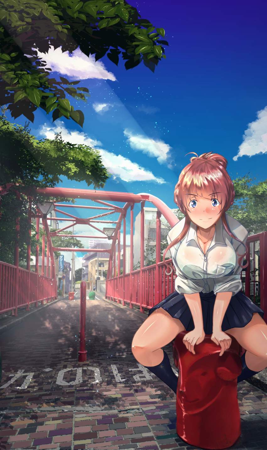 1girl bangs black_legwear black_skirt blue_eyes blue_sky blush breasts bridge brown_hair cleavage closed_mouth cloud collared_shirt commentary_request day eyebrows_visible_through_hair full_body highres large_breasts long_hair looking_at_viewer miniskirt original outdoors reihou19 shirt sidelocks sitting skirt sky smile socks solo town tree white_shirt