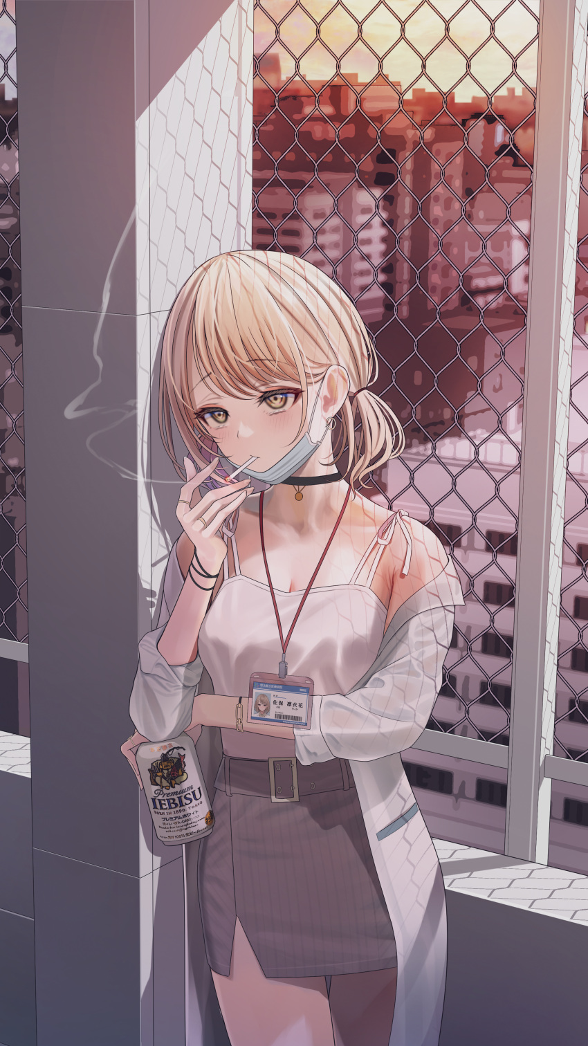 1girl absurdres bare_shoulders blonde_hair blush breasts can choker cigarette cleavage fence highres long_hair mask mask_pull mouth_mask name_tag off_shoulder original pencil_skirt skirt smoking solo turisasu twintails yellow_eyes