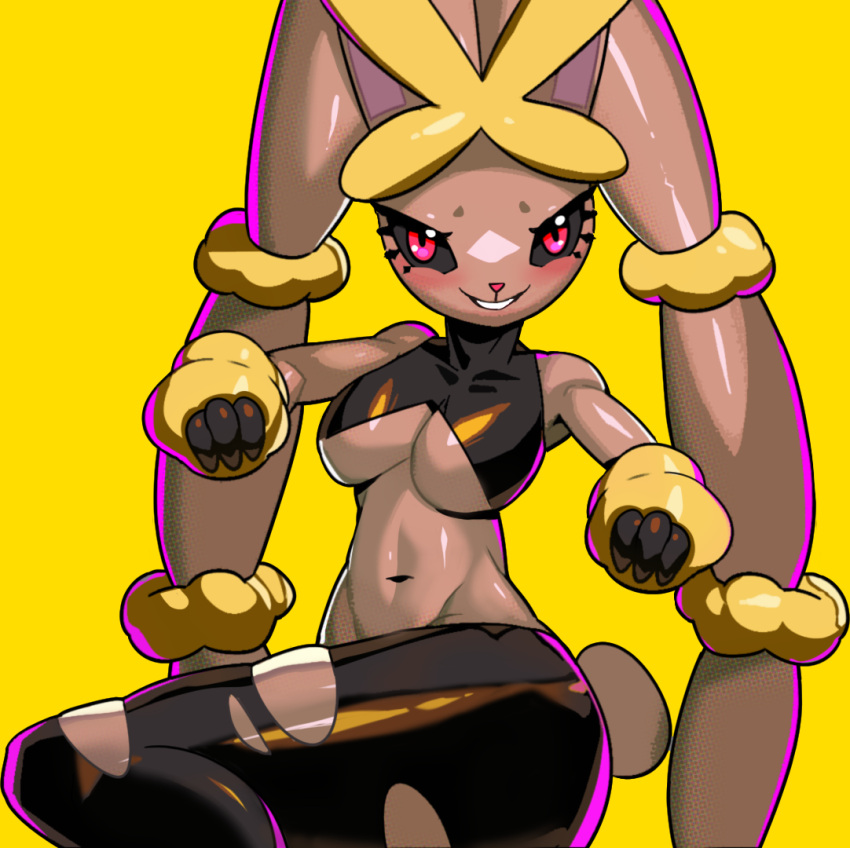 anthro black_sclera blush breasts brown_body brown_fur clothing drunk_oak female fur grin lagomorph looking_at_viewer mammal mega_evolution mega_lopunny nintendo pok&eacute;mon pok&eacute;mon_(species) pose red_eyes simple_background smile solo teeth video_games yellow_background