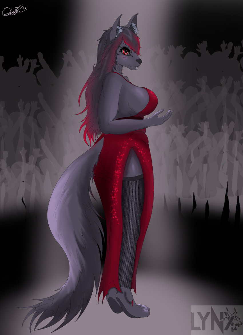 absurd_res anthro blep breasts canid canine canis clothing crowd dress female female_focus fishnet fluffy fluffy_chest fluffy_ears fluffy_tail group hair hi_res lynxdts mammal red_clothing red_eyes red_hair shade_ravenwood side_boob side_view solo solo_focus sparkles sparkling_eyes spotlight spotlights thick_tail thick_thighs thigh_gap tongue tongue_out wide_hips wolf