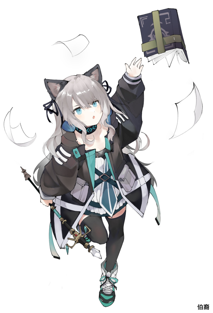 1girl :o animal_ears arknights arm_up black_collar black_jacket black_legwear black_ribbon blue_eyes book cat_ears cat_girl collar dress full_body grey_hair hair_between_eyes hair_ribbon highres holding holding_scepter infection_monitor_(arknights) jacket long_hair long_sleeves mint_(arknights) open_clothes open_jacket open_mouth paper reaching_out ribbon scepter soda_(sod4) solo standing standing_on_one_leg thighhighs white_background white_dress