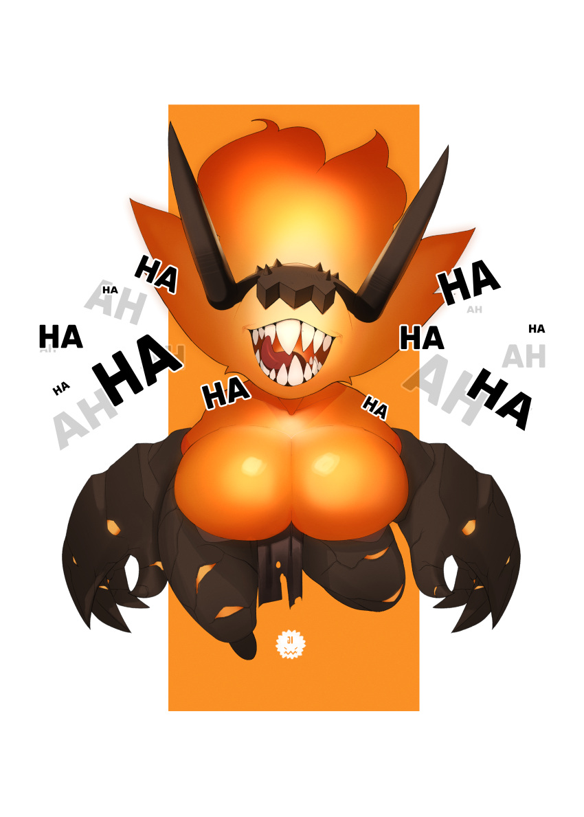 absurd_res big_breasts big_hands breasts clevage clothed clothing elemental_creature female fire fire_creature floating headgear hi_res horn humanoid jumboji_(artist) kel_(capracreep) laugh licking_teeth looking_at_viewer not_furry sharp_teeth short_stack simple_background skimpy smile solo teeth text thick_thighs tongue