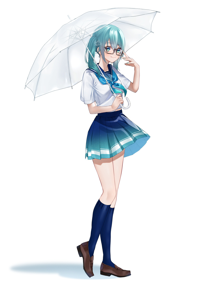 1girl absurdres aqua_eyes aqua_hair full_body glasses hatsune_miku highres holding holding_umbrella looking_at_viewer school_uniform serafuku simple_background solo twintails umbrella vocaloid yuuyu_(moco20111115)