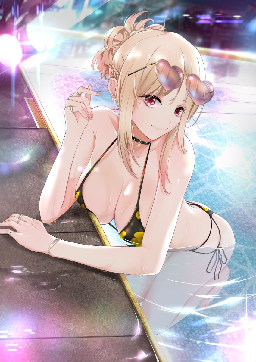 1girl alternate_hairstyle arm_rest bikini black_bikini black_choker blonde_hair bracelet braid breasts chark14 choker cleavage closed_mouth collarbone colored_tips cup drinking_glass ear_piercing earrings elbow_rest empty eyewear_on_head floral_print full_body glint hair_bun heart heart-shaped_eyewear highres jewelry kitagawa_marin large_breasts leaning_forward lights multicolored_hair multiple_rings partially_submerged piercing pink_nails pool red_eyes ring side-tie_bikini sidelocks smile solo sono_bisque_doll_wa_koi_wo_suru sunglasses swimsuit water wet