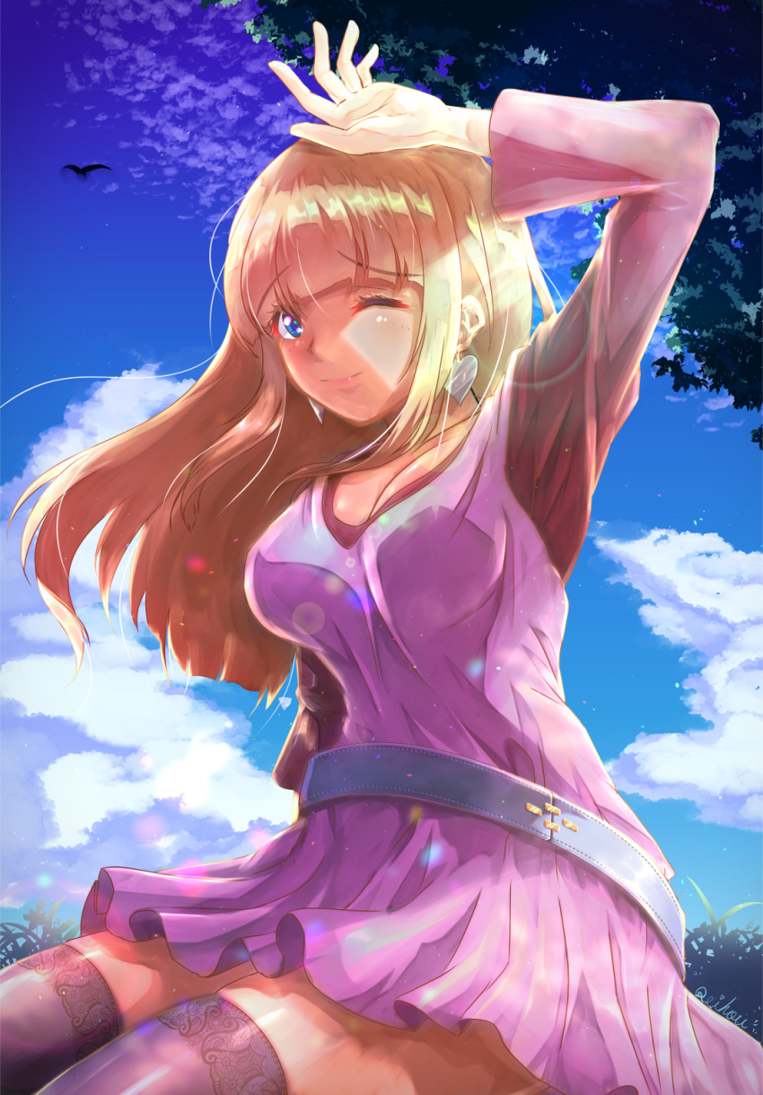 1girl bangs belt bird black_belt blonde_hair blue_eyes blunt_bangs blush breasts cleavage closed_mouth cloud commentary_request cowboy_shot dress earrings eyebrows_visible_through_hair grass heart heart_earrings highres jewelry large_breasts lens_flare long_hair long_sleeves looking_at_viewer monica_(romancing_saga_3) one_eye_closed pinafore_dress pink_dress purple_legwear red_shirt reihou19 romancing_saga_3 saga shiny shiny_skin shirt signature smile solo thighhighs