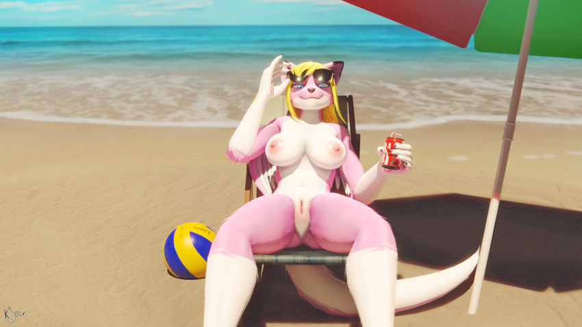 16:9 2022 3d_(artwork) 5_toes accessory anthro arms_bent ball beach beach_chair beach_umbrella bent_leg bent_legs big_breasts black_claws black_nose blender_(software) blonde_hair blue_eyes breasts canid canine canis claws coca-cola digital_media_(artwork) dragon eyewear eyewear_on_head feet female front_view fur furniture genitals hair hi_res horn humanoid_genitalia hybrid inviting k'joor_(artist) looking_at_viewer mammal markings nipples nude pink_body pink_fur presenting presenting_breasts presenting_pussy pussy roketchu sea seaside signature simple_background smile smiling_at_viewer solo spread_legs spreading straw sunglasses sunglasses_on_head tail_aside toes umbrella water watermark white_body white_fur widescreen wings wolf