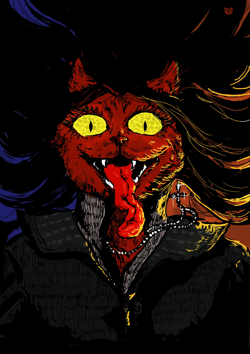 absurd_res anthro armor clothing demon domestic_cat fangs felid feline felis flowing_hair fur glowing glowing_eyes hair hi_res humanoid illustration jewelry long_tongue mammal necklace open_mouth red_body red_fur shirt smile solo tongue topwear umbraunderscore vampire vore yellow_eyes