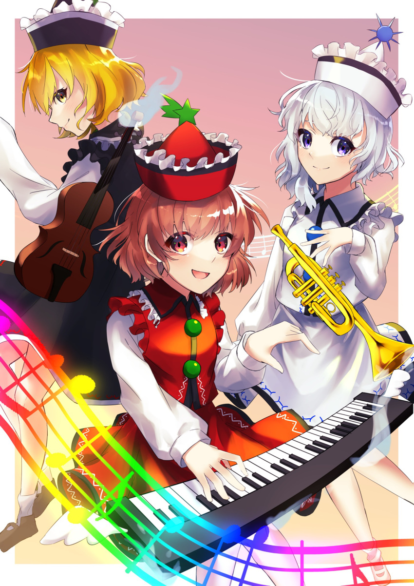 3girls black_headwear black_skirt black_vest blonde_hair border brown_eyes brown_hair closed_mouth collared_shirt commentary_request floating floating_object happy highres instrument keyboard_(instrument) long_sleeves looking_at_viewer lunasa_prismriver lyrica_prismriver merlin_prismriver multiple_girls music open_mouth pink_background pink_headwear pink_skirt pink_vest playing_instrument pointy_hat purple_eyes red_headwear red_skirt red_vest shirt short_hair siblings sisters skirt smile touhou trumpet vest violin wankosoradayo white_border white_hair white_shirt yellow_eyes