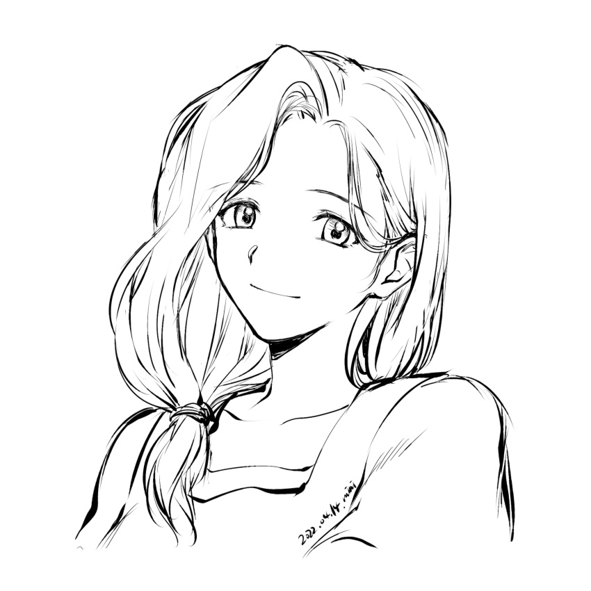 1girl 2022 closed_mouth collarbone cropped_torso dated fullmetal_alchemist greyscale hair_over_shoulder highres long_hair mini_(pixiv6327751) monochrome ponytail portrait simple_background sketch smile solo trisha_elric white_background