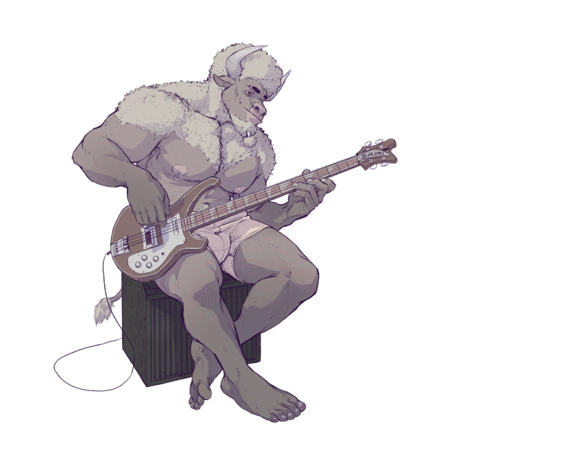 afro anthro bass_guitar beard bottomwear bovid bovine braided_hair brukajones bulge clothed clothing curled_tail electric_guitar eyebrow_piercing facial_hair facial_piercing feet guitar hair hi_res horn humanoid_feet male mammal musical_instrument nipple_piercing nipples piercing playing_guitar playing_music plucked_string_instrument scruffy shorts smile solo string_instrument topless