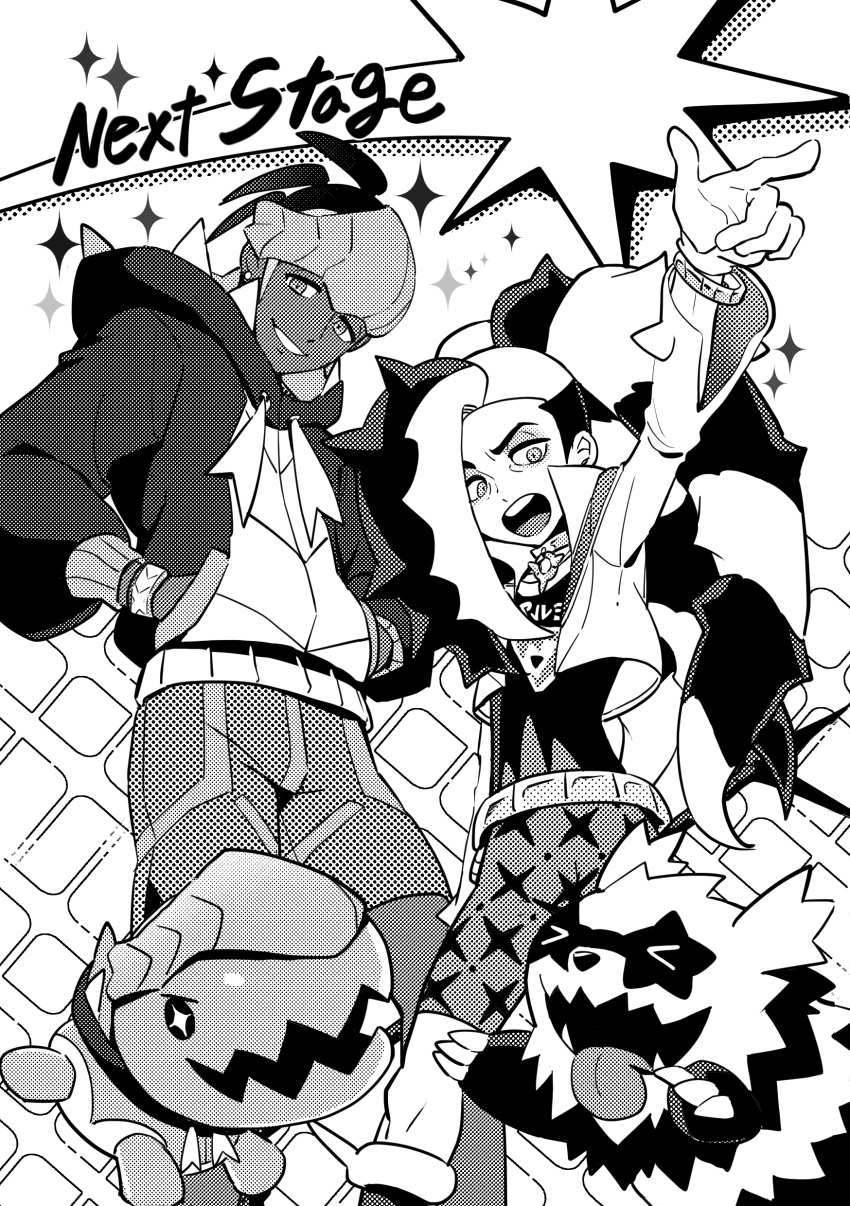 &gt;_&lt; 2boys absurdres arm_up cosplay dark-skinned_male dark_skin dede_(qwea_00000) dynamax_band english_text fangs galarian_zigzagoon greyscale hands_in_pockets highres korean_commentary looking_at_viewer monochrome multiple_boys open_mouth pendant_choker piers_(pokemon) pokemon pokemon_(creature) pokemon_(game) pokemon_swsh raihan_(pokemon) raihan_(pokemon)_(cosplay) smile sparkle teeth tongue tongue_out trapinch