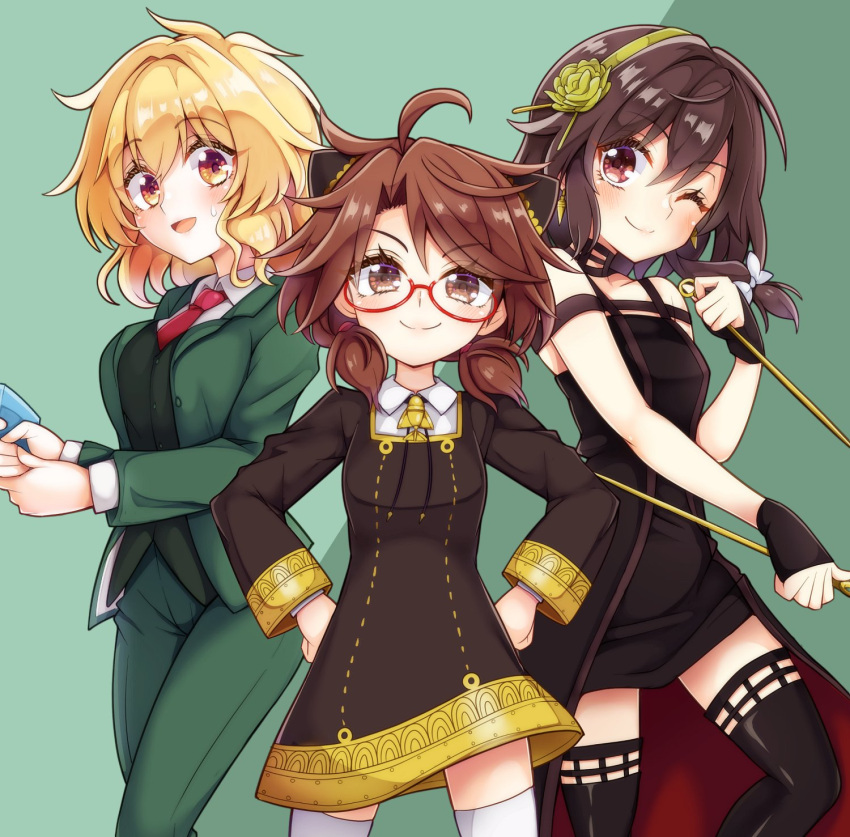 3girls ahoge alternate_costume anya_(spy_x_family) anya_(spy_x_family)_(cosplay) bangs black_dress black_gloves black_legwear blonde_hair blush brown_eyes brown_hair closed_mouth coat commentary_request cosplay dagger dress eden_academy_uniform eyebrows_visible_through_hair fingerless_gloves gloves gold_hairband green_coat green_pants green_vest grey_background hair_ribbon hands_on_hips highres keyaki_chimaki knife maribel_hearn multiple_girls necktie one_eye_closed open_mouth pants quimbaya_airplane red_necktie ribbon semi-rimless_eyewear simple_background sleeveless sleeveless_dress smile spy_x_family stiletto_(weapon) sweatdrop thighhighs touhou tress_ribbon twilight_(spy_x_family) twilight_(spy_x_family)_(cosplay) two-sided_dress two-sided_fabric usami_renko usami_sumireko vest weapon white_legwear white_ribbon yellow_eyes yor_briar yor_briar_(cosplay)