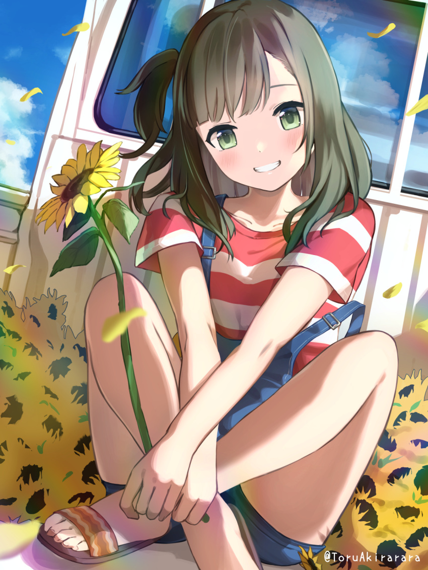 1girl akira_tooru artist_name bangs bare_legs blue_overalls blue_sky brown_hair cloud commentary_request crossed_ankles day flower green_eyes grin ground_vehicle highres indian_style knees_up legs long_hair looking_at_viewer motor_vehicle one_side_up original outdoors overalls petals pickup_truck revision sandals shirt short_sleeves sitting sky smile solo strap_slip striped striped_shirt sunflower swept_bangs t-shirt toes truck twitter_username wind