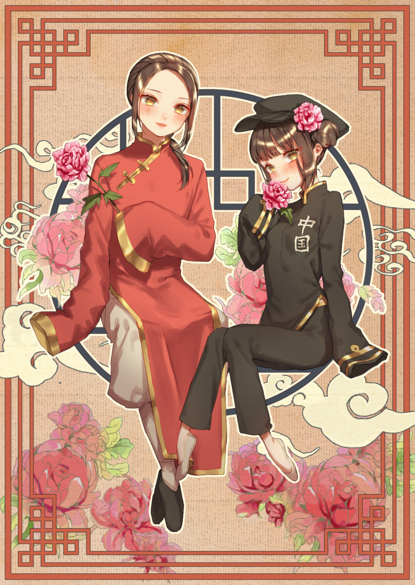 1boy 1girl axis_powers_hetalia china_(hetalia) chinese_clothes cloud_background double_bun dress dual_persona floral_background genderswap genderswap_(mtf) hair_bun hatake_hukuro highres side_slit sleeves_past_wrists