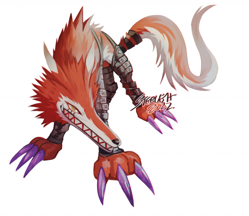 bandai_namco canid canine canis claws digimon digimon_(species) fangmon feral fur leather long_snout mammal orange_body orange_fur quadruped sharp_teeth snout solo steeleh straps teeth wolf