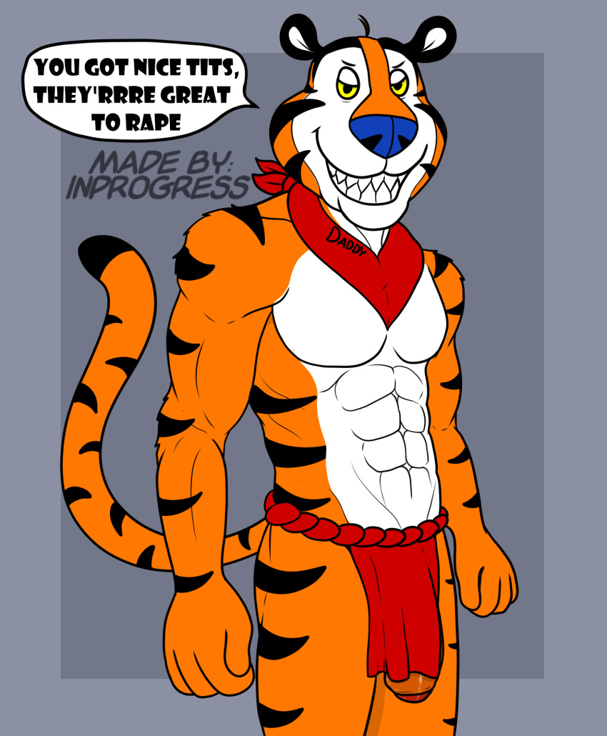 abs anthro bottomwear clothing daddy_kink dialogue english_text evil_grin felid flaccid frosted_flakes genitals hi_res inprogress kellogg's loincloth male mammal mascot muscular muscular_male pantherine penis smile solo stripes text tiger tony_the_tiger