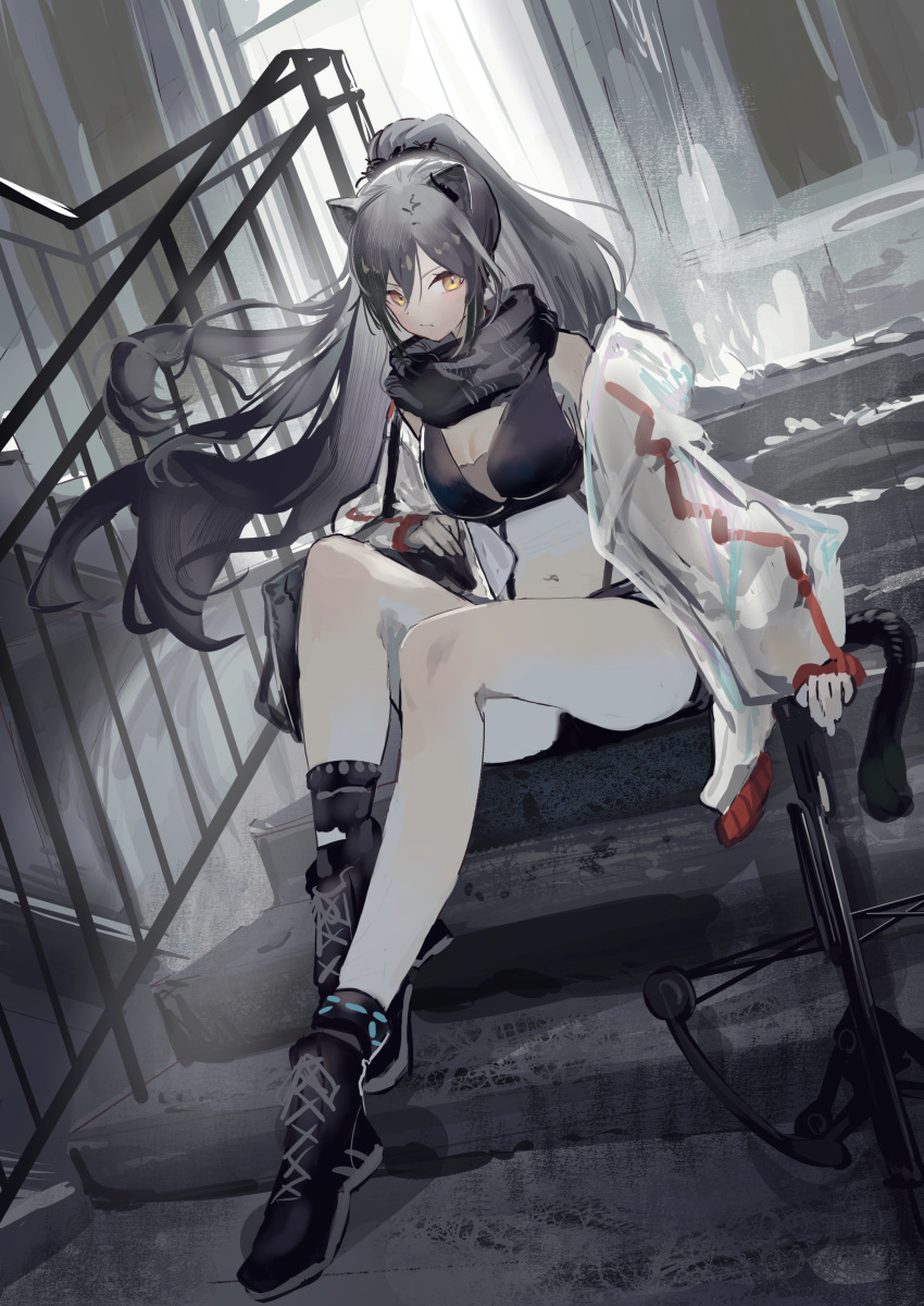 1girl absurdres animal_ears arknights bangs bare_legs bare_shoulders black_footwear boots breasts cat_ears cleavage commentary_request crop_top crossbow grey_hair hair_between_eyes highres infection_monitor_(arknights) jacket long_hair long_sleeves looking_at_viewer medium_breasts midriff natsuba002 navel off_shoulder open_clothes open_jacket ponytail schwarz_(arknights) sitting solo stairs stomach thighs very_long_hair white_jacket yellow_eyes
