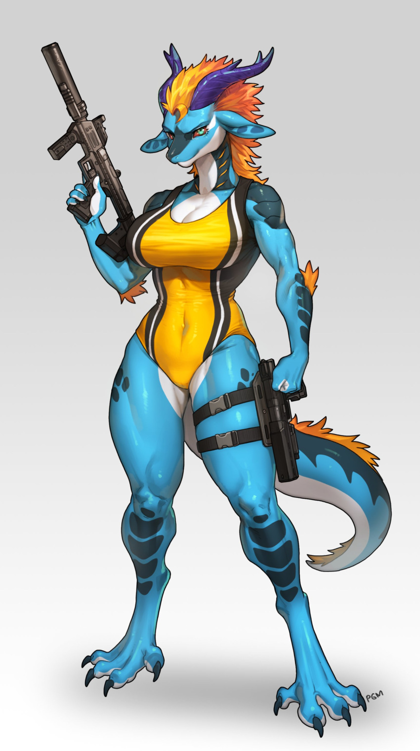 2022 4_fingers absurd_res anthro blue_body breasts clothing digital_media_(artwork) digitigrade female fingers fist gradient_background gun hi_res pgm300 ranged_weapon simple_background solo swimwear unknown_species weapon white_background