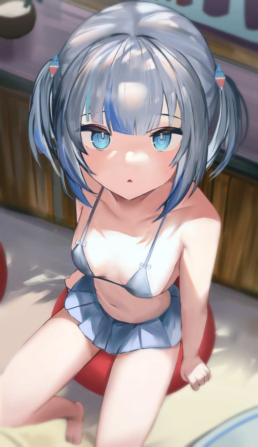 1girl absurdres arm_support bangs bare_arms barefoot bikini blue_bikini blue_eyes blue_skirt breasts cleavage collarbone derby_(dabidabi) diamond_hair_ornament eyebrows_visible_through_hair foreshortening gawr_gura grey_hair hair_ornament highres hololive hololive_english miniskirt multicolored_hair navel on_ball open_mouth pleated_skirt shark_hair_ornament short_twintails sidelocks sitting sitting_on_ball skirt small_breasts streaked_hair swimsuit thighs twintails virtual_youtuber