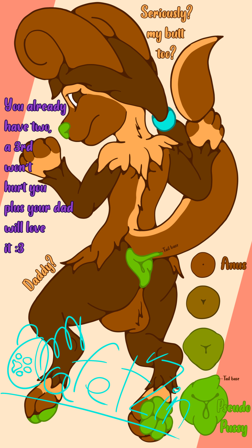 absurd_res anthro anus ball_tuft brown_body brown_eyes brown_fur brown_hair butt cafet'zin cafet'zin_(artist) canid canine canis digitigrade domestic_dog fluffy fur genital_transformation green_anus green_nose green_paws hair hi_res long_hair male mammal offscreen_character pseudo_pussy signature simple_background solo tan_body tan_fur teenager tuft unusual_anatomy young