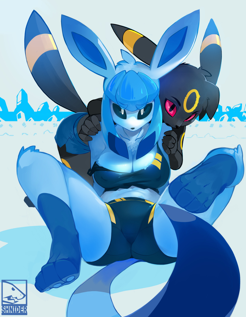 2022 4_toes 5_fingers absurd_res anthro breasts cleavage clothed clothing duo eeveelution feet female fingers glaceon hi_res looking_at_viewer midriff nintendo pawpads pok&eacute;mon pok&eacute;mon_(species) shnider toes umbreon video_games