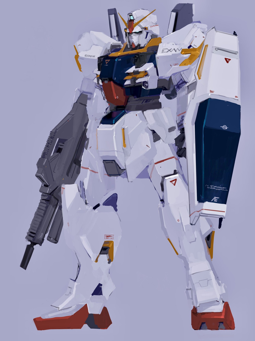 beam_rifle blue_destiny_03 blue_eyes energy_gun fusion gun gundam gundam_mk_ii gundam_side_story:_the_blue_destiny highres holding holding_gun holding_shield holding_weapon looking_ahead mecha mobile_suit no_humans purple_background rintaro_komori science_fiction shield standing v-fin weapon zeta_gundam