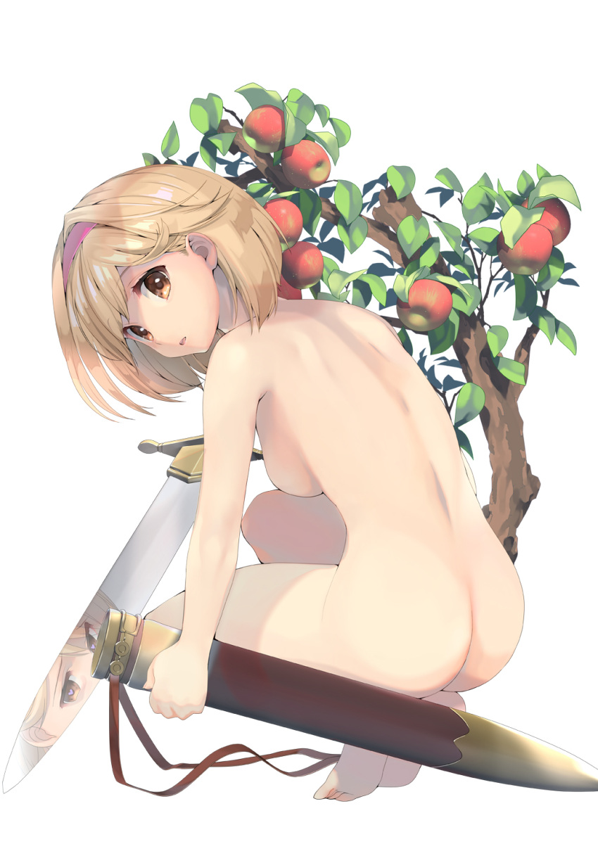 1girl ass barefoot blonde_hair breasts brown_eyes completely_nude djeeta_(granblue_fantasy) from_side full_body granblue_fantasy hairband highres holding holding_sword holding_weapon medium_breasts medium_hair naruse_hirofumi non-web_source nude open_mouth red_hairband scabbard sheath shiny shiny_hair shoulder_blades sideboob soles solo sword weapon white_background