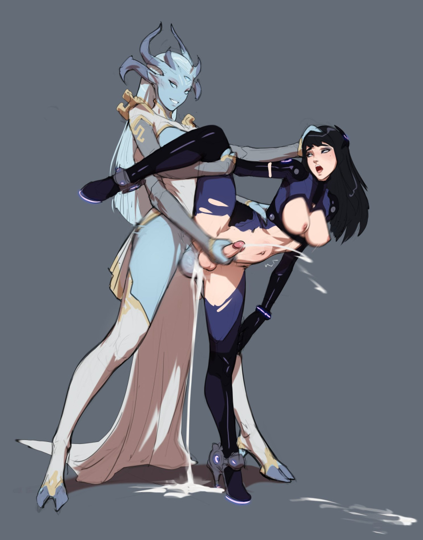 2girls black_eyes black_hair blue_sclera blue_skin bodysuit breasts breasts_out colored_sclera colored_skin commentary cum cum_while_penetrated cumdrip ejaculation english_commentary erection extra_arms extra_eyes full_body futa_with_futa futanari grey_background hand_on_another's_head hand_on_another's_waist handjob high_heels highres hooves horns leg_lift legs_apart light_blue_hair long_hair looking_at_another medium_breasts mole mole_under_eye monster_girl motion_blur multiple_girls multiple_horns navel nipples open_mouth original parted_lips penis pointy_ears reach-around sex simple_background sketch smile standing standing_on_one_leg standing_sex stomach_bulge tarakanovich testicles thighhighs third_eye torn_bodysuit torn_clothes uncensored white_legwear yuna_(tarakanovich)
