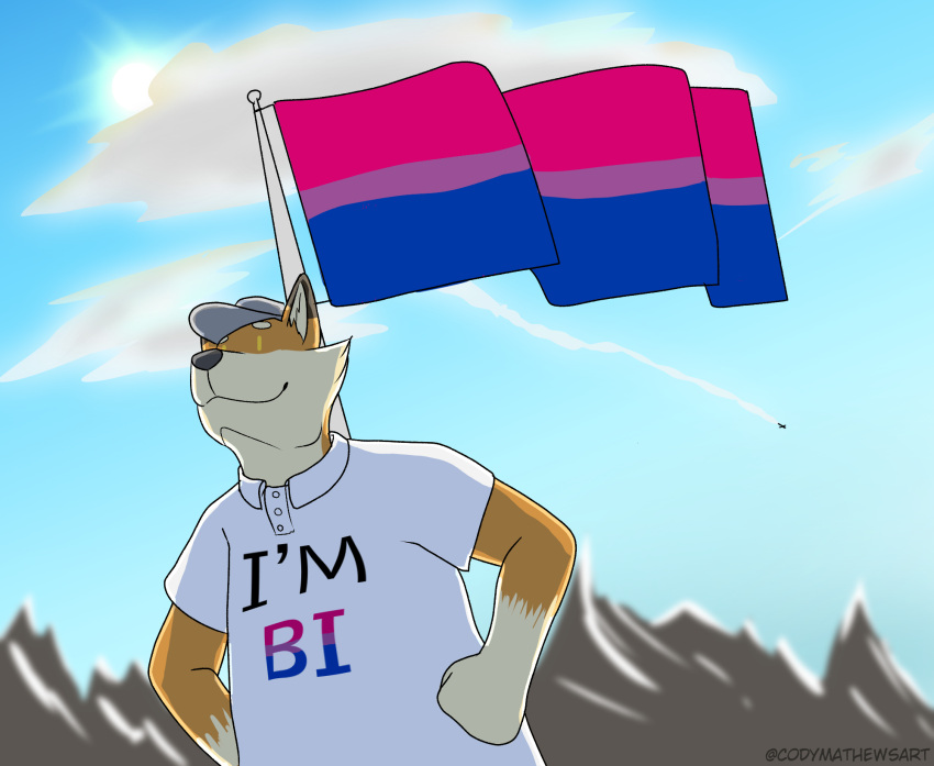 aircraft airplane anthro bisexual_pride_colors canid canine clothed clothing cloud codymathews dakota_mathews digital_media_(artwork) dipstick_ears female flag fox grey_nose hat headgear headwear hi_res lgbt_pride male mammal multicolored_ears outside pride_(disambiguation) pride_color_flag pride_colors shaded solo