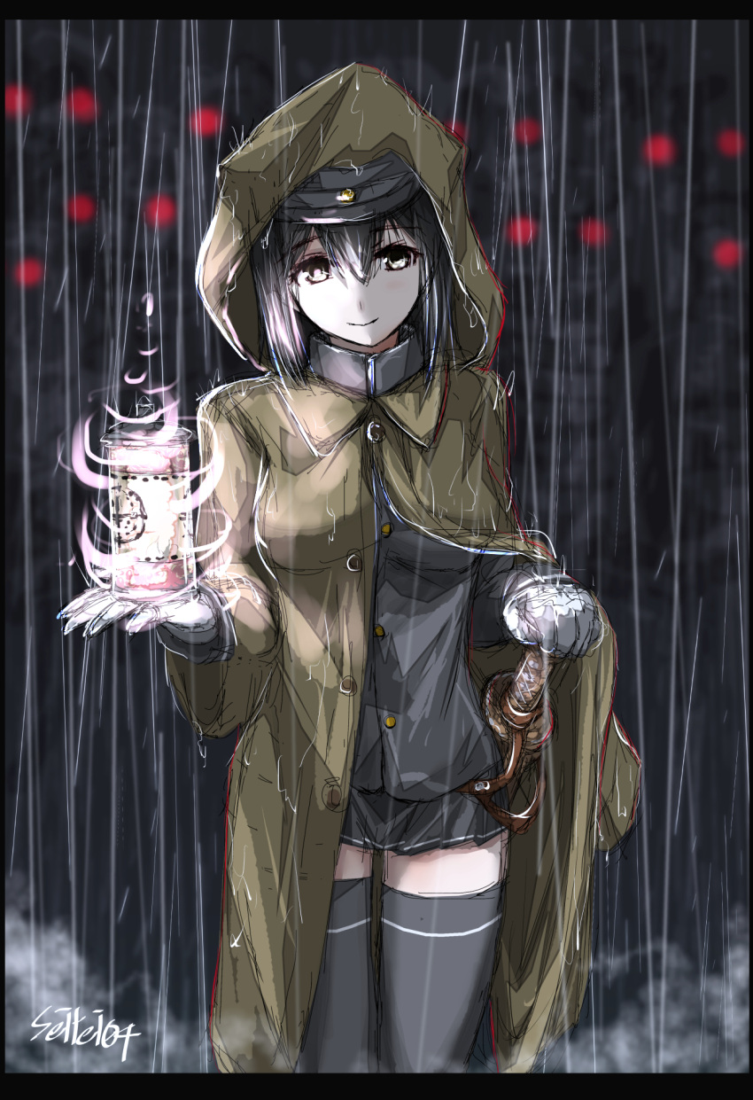 1girl akitsu_maru_(kancolle) akitsu_maru_kai_(kancolle) artist_name black_eyes black_hair blush breasts cowboy_shot eyebrows_visible_through_hair gloves grey_eyes hair_between_eyes hat highres jacket kantai_collection lantern large_breasts long_sleeves military military_uniform multiple_others night pale_skin peaked_cap pleated_skirt rain raincoat red_eyes saber_(weapon) seitei_(04seitei) short_hair skirt smile sword thighhighs uniform weapon white_gloves