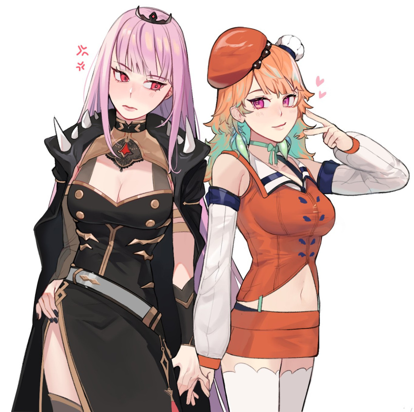 2girls bow_choker breasts chef_hat chicken_leg cleavage earrings eus_ing feather_earrings feathers gradient_hair hat heart highres holding_hands hololive hololive_english jewelry large_breasts long_hair looking_at_another mori_calliope multicolored_hair multiple_girls orange_hair orange_headwear pink_hair purple_eyes red_eyes shoulder_spikes spikes takanashi_kiara tiara tsundere virtual_youtuber yuri