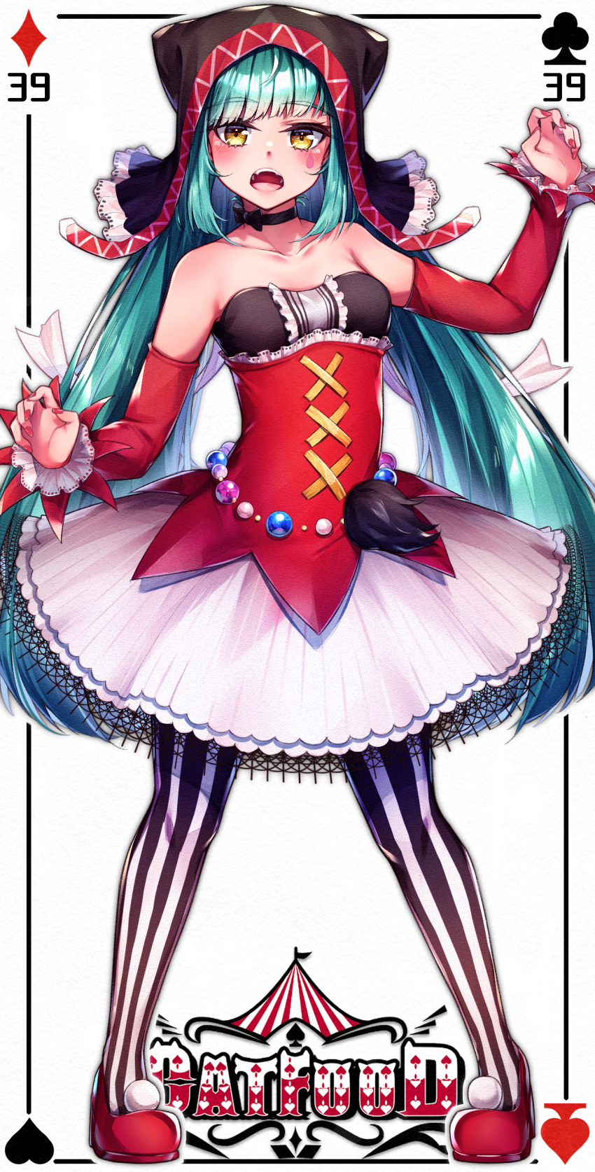 1girl 39 absurdres aqua_hair bangs black_bow black_choker blush bow card_(medium) cat_food_(vocaloid) choker collarbone detached_sleeves eyebrows_visible_through_hair facial_mark floating_hair full_body hatsune_miku highres long_hair long_sleeves looking_at_viewer marutenmaruten miniskirt nail_polish open_mouth pantyhose pleated_skirt red_nails red_sleeves shiny shiny_hair skirt solo standing strapless striped striped_legwear twintails vertical-striped_legwear vertical_stripes very_long_hair vocaloid white_background white_skirt yellow_eyes