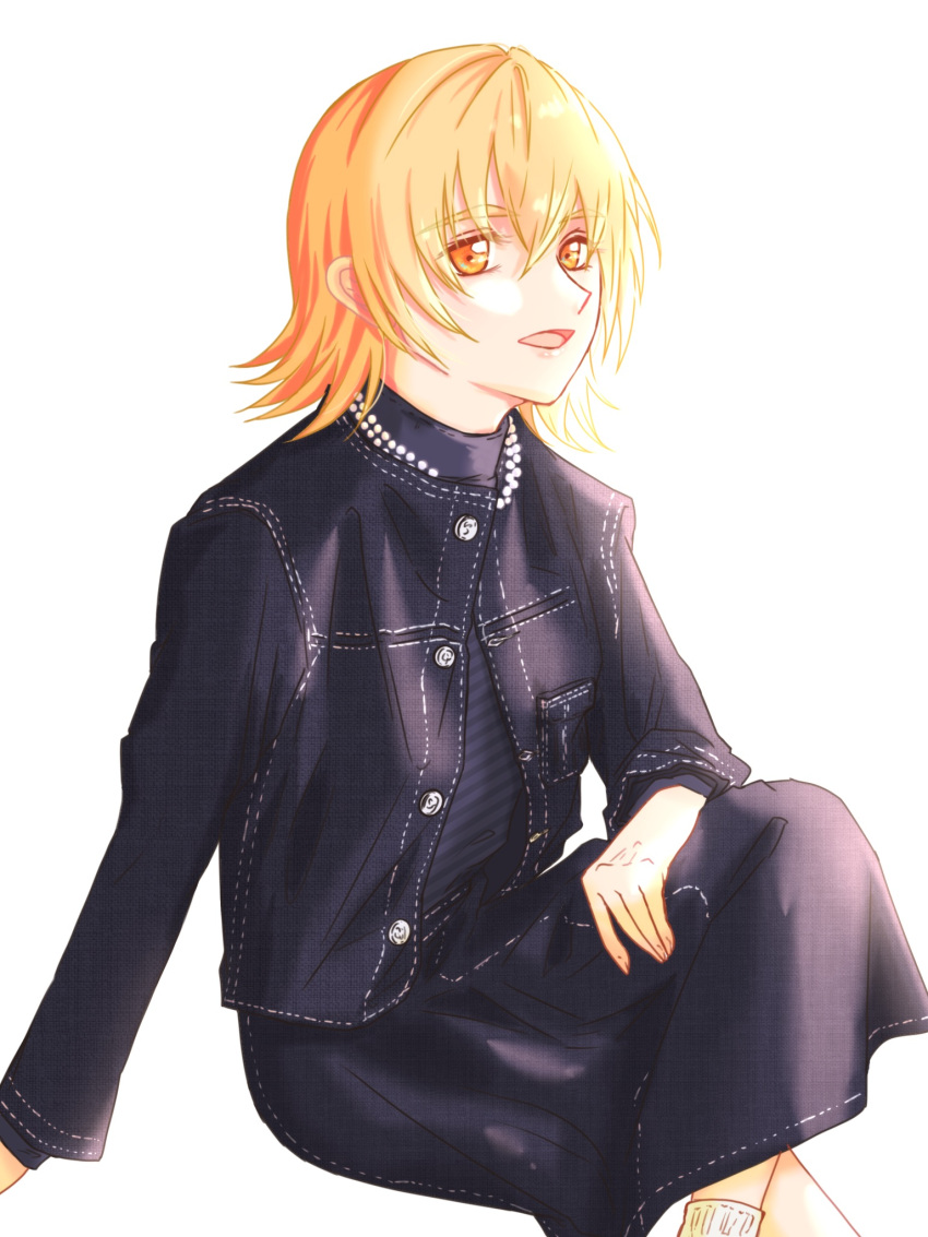 1girl :d black_jacket blonde_hair cagalli_yula_athha denim denim_jacket denim_skirt grey_shirt gundam gundam_seed highres invisible_chair jacket long_hair long_sleeves masu_baaaba open_clothes open_jacket open_mouth orange_eyes shiny shiny_hair shirt simple_background sitting skirt smile solo straight_hair striped striped_shirt white_background