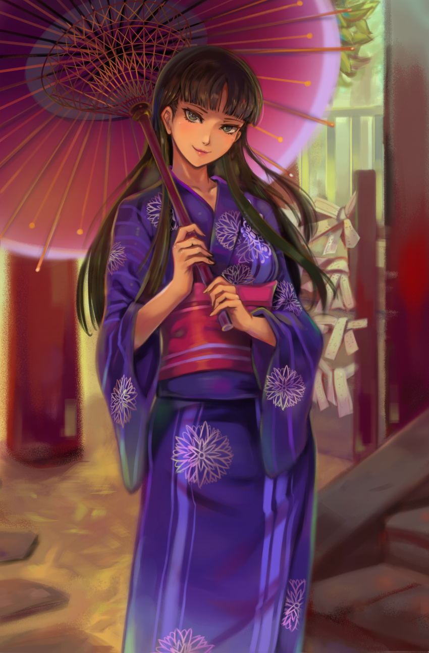 1girl absurdres alternate_costume amagi_yukiko bangs black_hair blunt_bangs closed_mouth grey_eyes highres hime_cut holding holding_umbrella japanese_clothes kimono lips long_hair looking_at_viewer obi oil-paper_umbrella persona persona_4 purple_kimono sash smile solo straight_hair temple toasty_scones umbrella