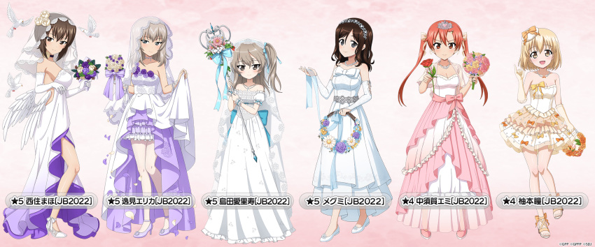 6+girls ankle_strap bangs bare_legs bare_shoulders bird blonde_hair blue_bow blue_eyes blue_flower blue_ribbon bouquet bow breasts bridal_gauntlets bridal_veil brown_eyes brown_hair character_name choker closed_mouth collarbone dove dress earrings elbow_gloves flower frilled_dress frills full_body girls_und_panzer girls_und_panzer_little_army girls_und_panzer_senshadou_daisakusen! gloves gradient gradient_background grey_hair hair_between_eyes hair_bow hair_ribbon hairband hat hat_bow heart high_heels highres holding holding_bouquet holding_flower holding_staff itsumi_erika jewelry layered_dress legs long_dress looking_at_viewer medium_hair megumi_(girls_und_panzer) multiple_girls nakasuga_emi necklace nishizumi_maho official_art one_side_up orange_bow orange_flower pearl_necklace petals pink_background pink_bow pink_dress pink_flower pink_footwear pinky_out pleated_dress puffy_short_sleeves puffy_sleeves purple_bow purple_dress purple_flower purple_footwear red_eyes red_flower red_hair red_rose ribbon rose shimada_arisu short_dress short_hair short_sleeves sideboob sleeveless sleeveless_dress staff standing strapless strapless_dress strappy_heels thighs tiara twintails veil white_bow white_dress white_flower white_footwear white_gloves wings wrist_straps yellow_bow yellow_eyes yellow_flower yellow_gloves yuzumoto_hitomi
