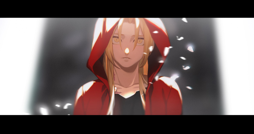 1boy automail bangs black_shirt blonde_hair blurry blurry_background cbow coat collarbone edward_elric fullmetal_alchemist glowing_petals hair_over_eyes highres hood hood_up hooded_coat letterboxed long_hair looking_at_viewer male_focus parted_bangs parted_lips petals portrait red_coat scar shirt solo sunlight yellow_eyes